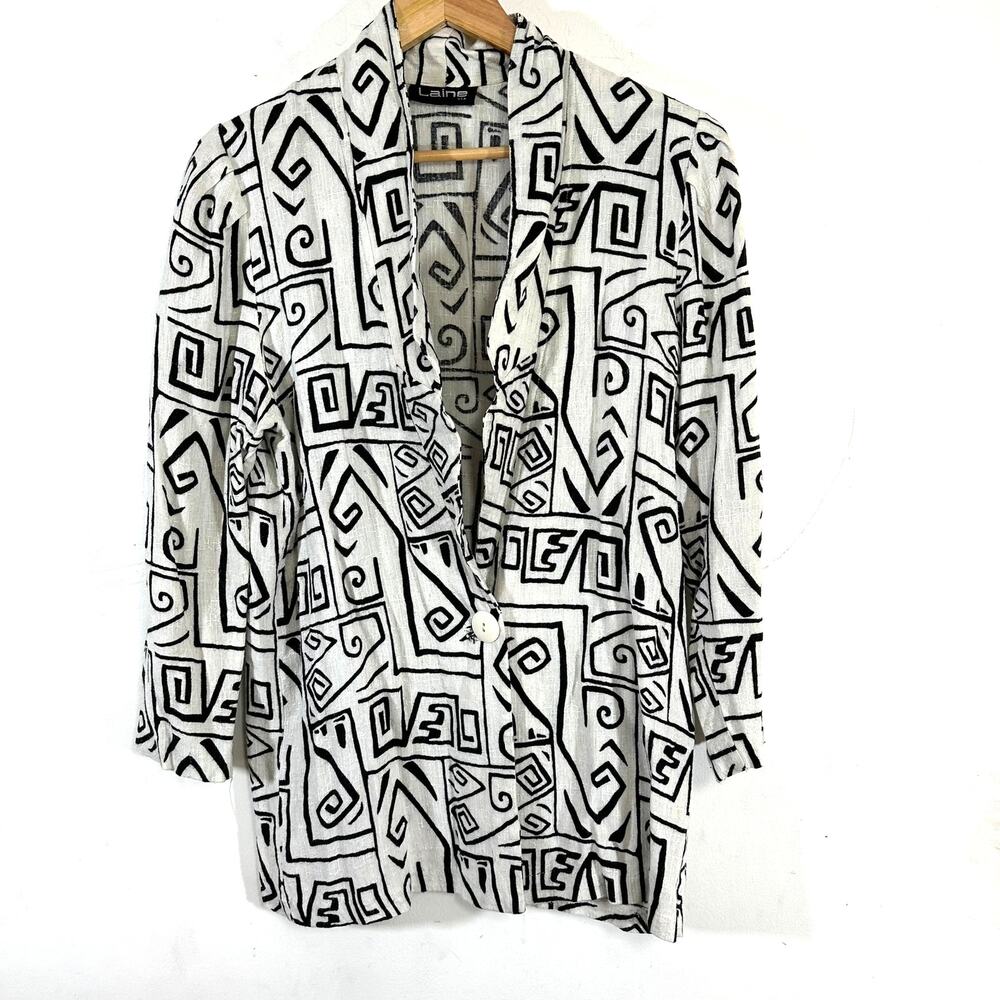 LAINE vintage abstract patterned linen blazer womans‎ Small artsy unique